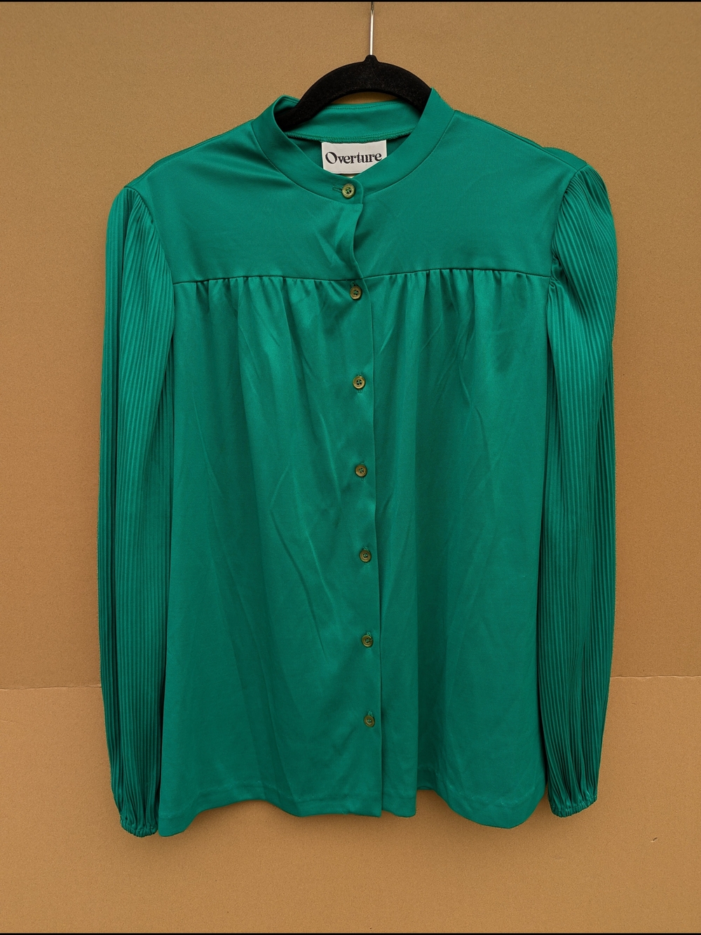 VTG Overture Pleated Sleeve Mock Neck Blouse Sz M Emerald Green Academia Retro